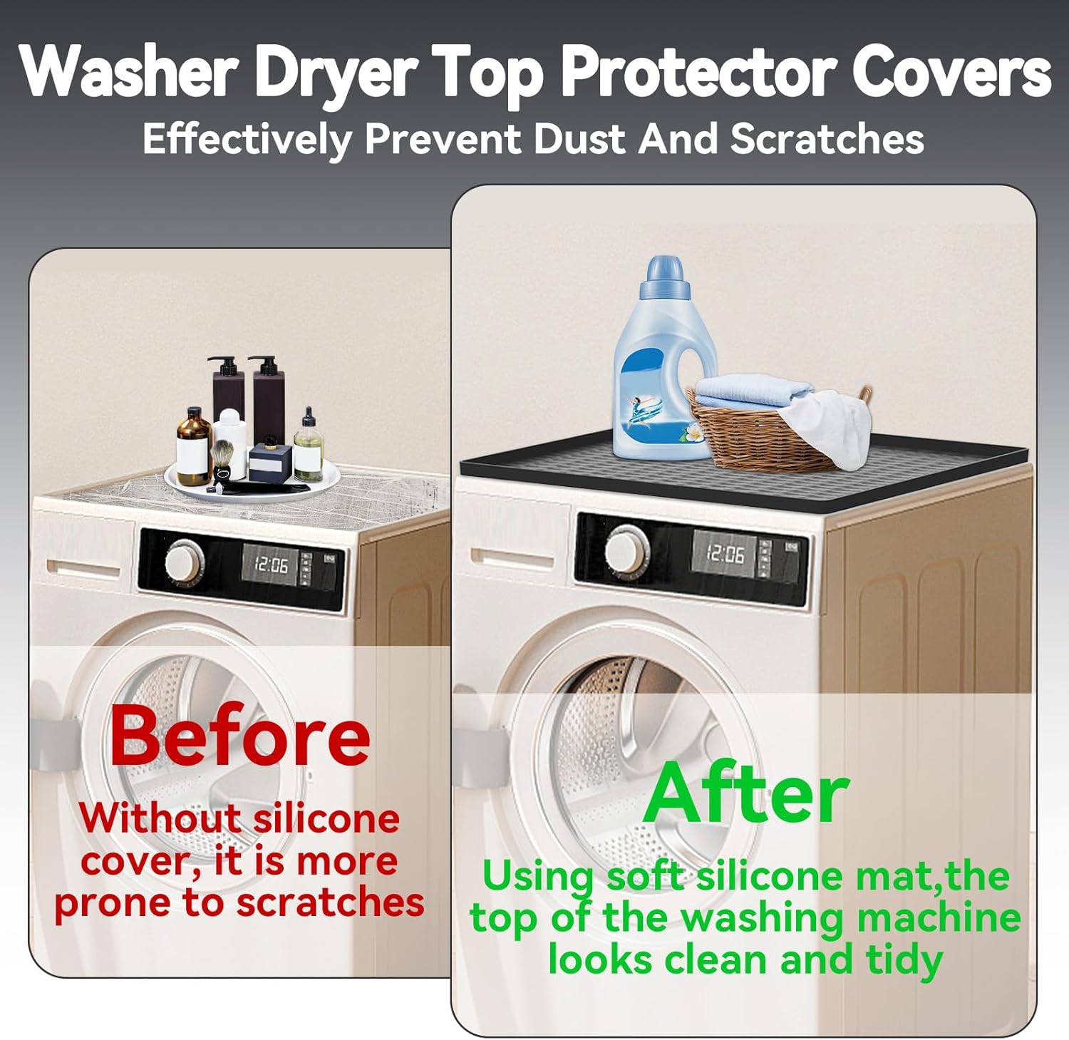2 PCS Washer and Dryer Covers for the Top, Non-Slip Silicone Washer Dryer Countertop Protector Mat, Waterproof Dust Washing Machine Cover Protector Pad for Laundry Room & Kitchen, 25.6 x 23.6 Inch