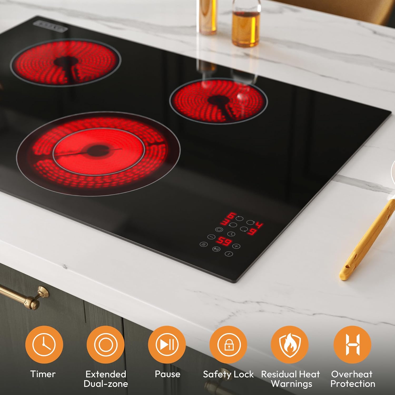 Empava 30 Inch Electric Ceramic Cooktop, 4 Radiant Burners with Dual Zone, Touch Controls, Timer, Stop & Go Pause, Child Lock, ETL Certified, Built-in Smooth Glass