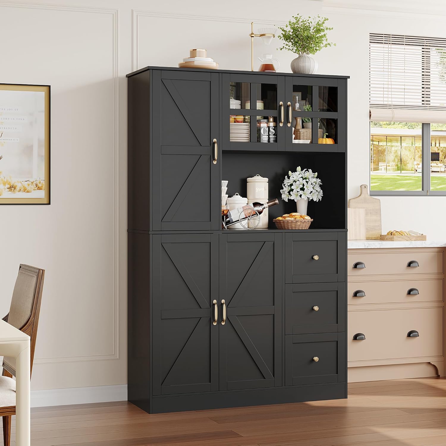 FINETONES Farmhouse Pantry Cabinet, Kitchen Pantry Storage Cabinet with Microwave Stand, Ktichen Hutch Food Pantry Cabinet with Open Countertop and Adjustable Shelf for Kitchen Dining Room, Black