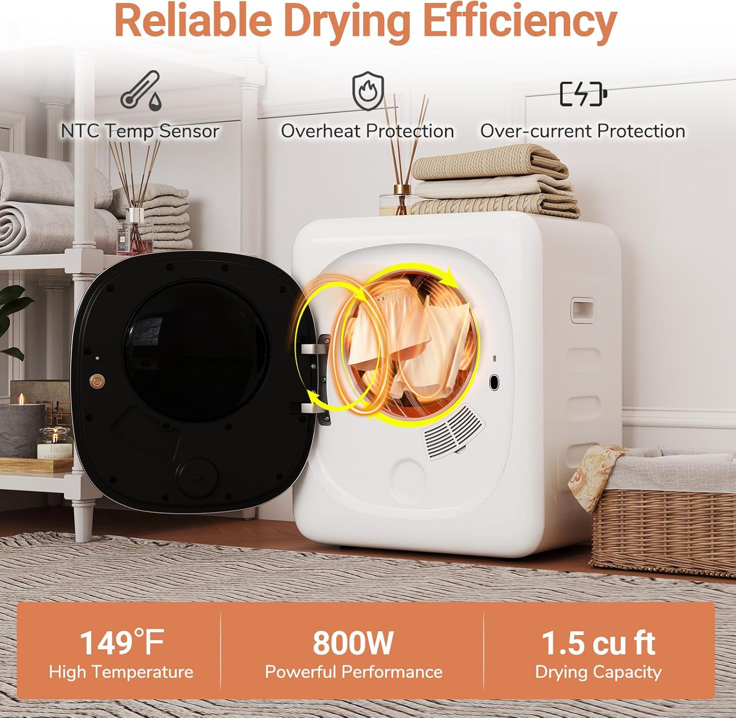 COSTWAY Portable Clothes Dryer, 1.5 cu.ft Compact Drying Machine with Stainless Steel Tub & LED Touch Panel, 800W Electric Laundry Dryer with Intelligent Programs for Apartment, Home, Dorm & RV, White