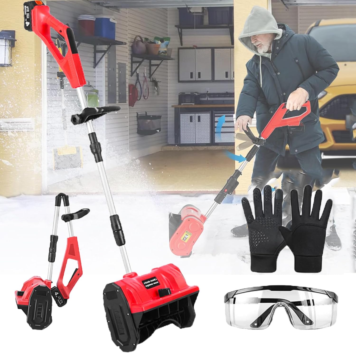Cordless Snow Shovel, Battery Powered Folding Snow Blower, 3000mah Lithium-Ion Battery Pack and Quick Charger Included for Snow Removal,Red-2Batteries