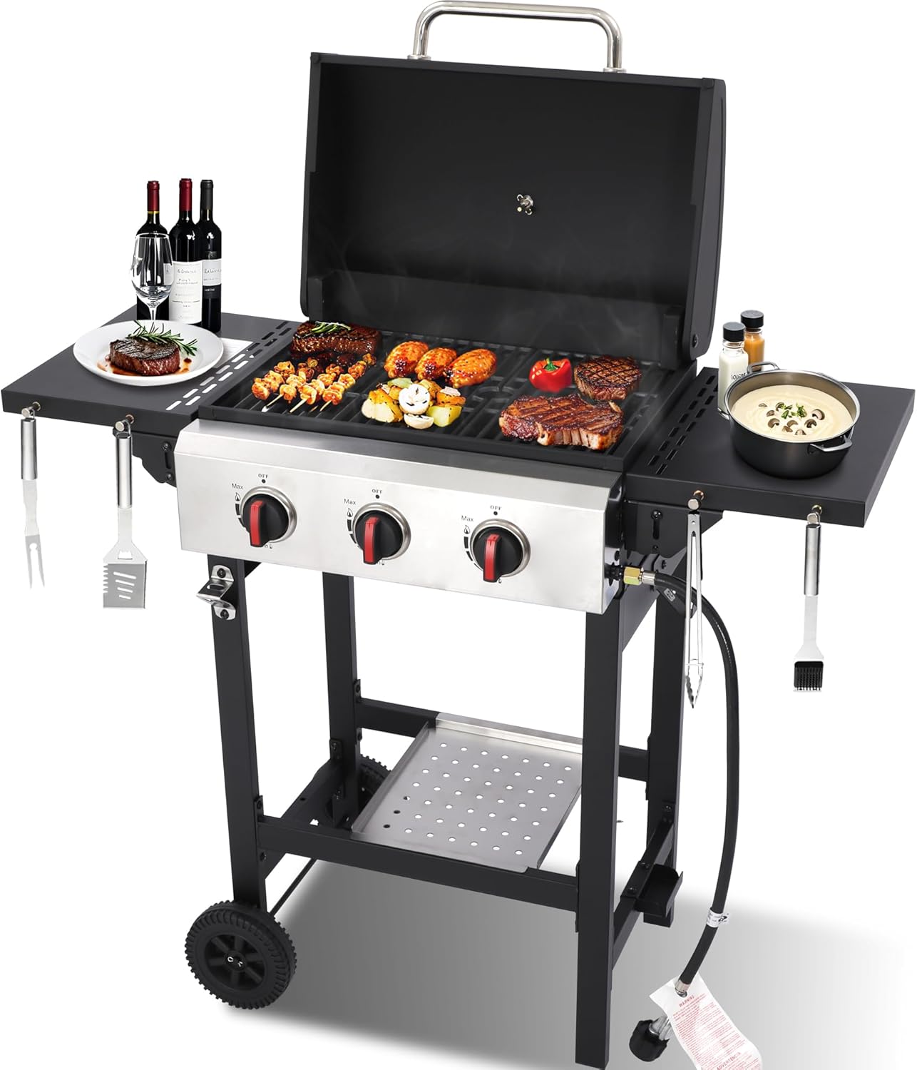 3-Burner Propane Gas Grill with Cast Iron Grates, 252 Sq. In. BBQ Grilling Space, Foldable Side Shelves for Portable Outdoor Patio Camping, Black