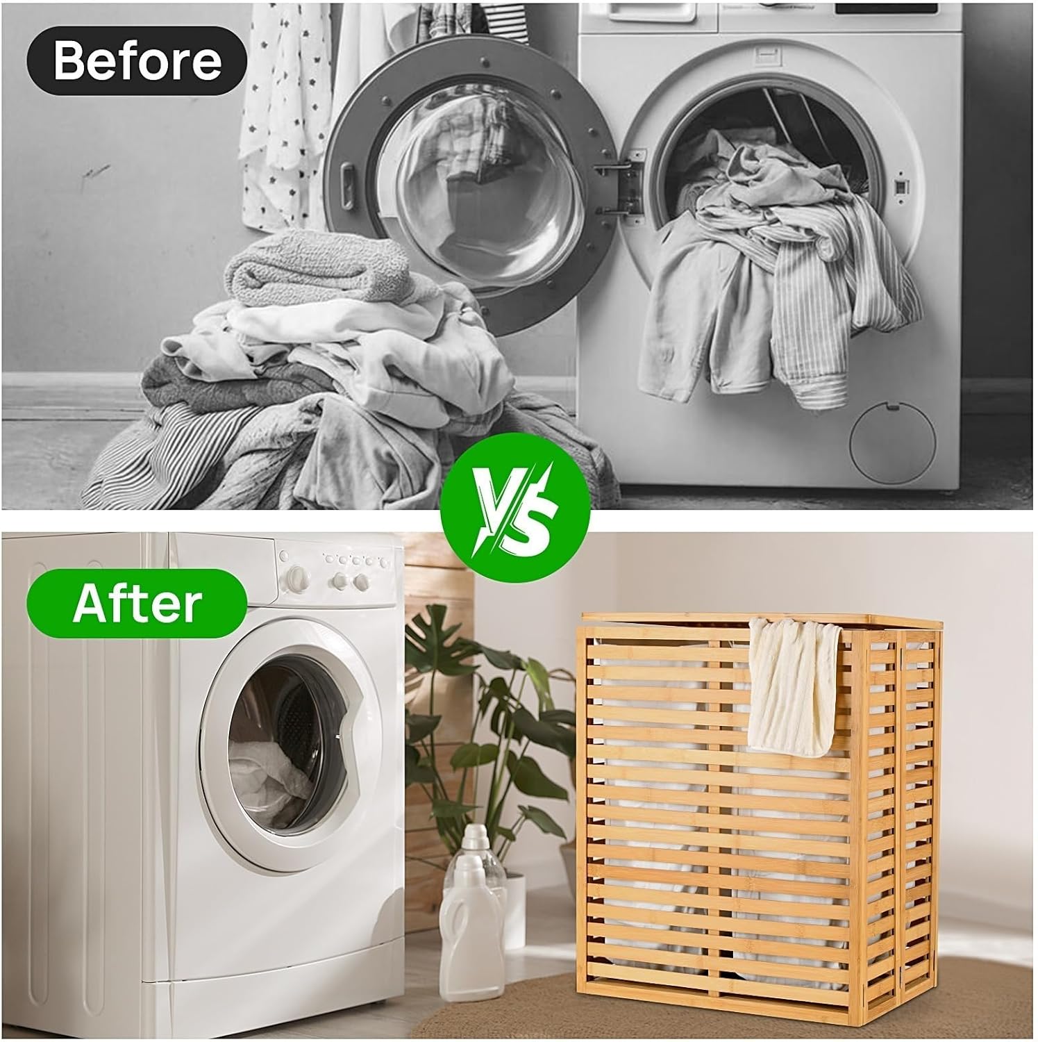 Bamboo laundry basket with lid, 125 liter foldable laundry basket with 2 detachable inner lining bags, suitable for laundry rooms, bathrooms, bedrooms, natural wood