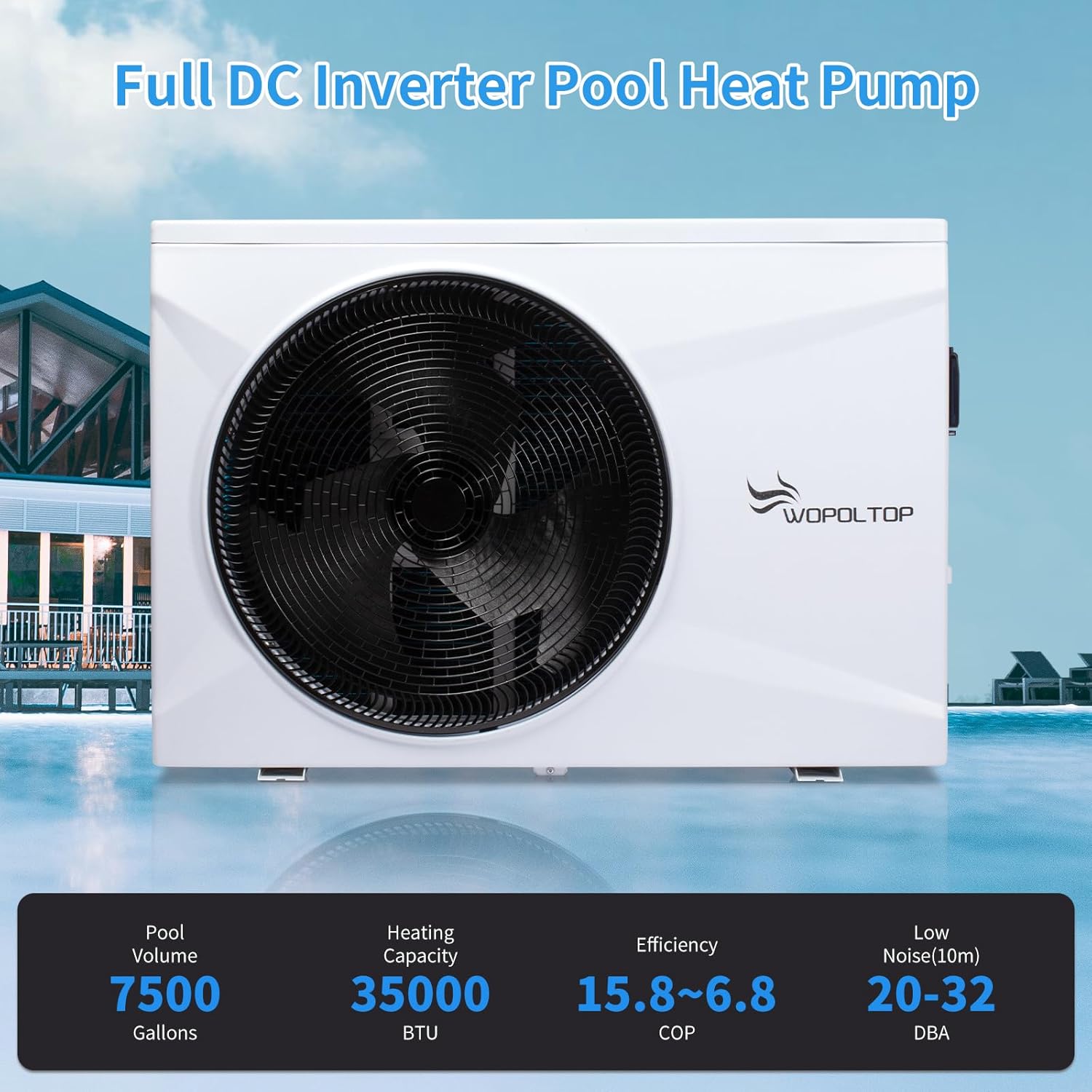 35000 BTU Full DC Inverter Pool Heat Pump for Above and In-ground Pools, Dual Function of Heating and Cooling, 10KW Pool Heater with WiFi Smart Control via APP, 220-240V, up to 7500 Gallons