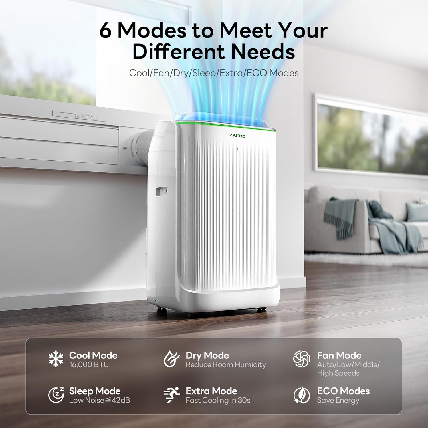 ZAFRO Portable Air Conditioners 16,000 BTU (12,000 BTU SACC), Ultra Quiet(42dB) Smart AC with Drainage-free Cooling/Dual Duct/24Hrs Timer/APP/Remote/Cool, Fan & Dehumidifier Modes for Rooms