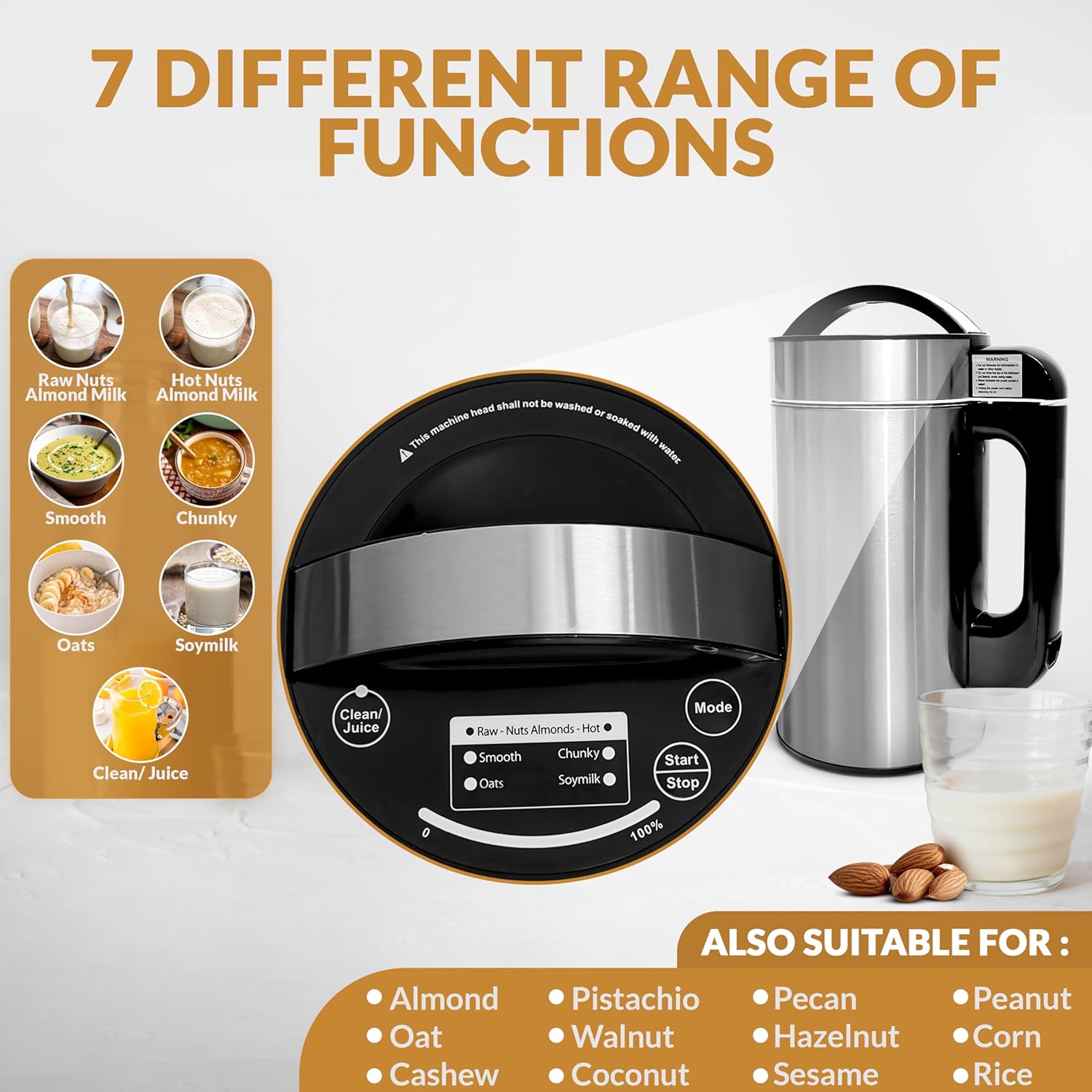 Crayton Nut Milk Maker Machine with Built-in Strainer, 51oz/ 1.5L Stainless Steel Almond Milk Maker for Soy, Almond, Oat, Cashew Nut Milks & More, 7-in-1 Multi-Functional, 6-7 Cups Per Batch, 120V