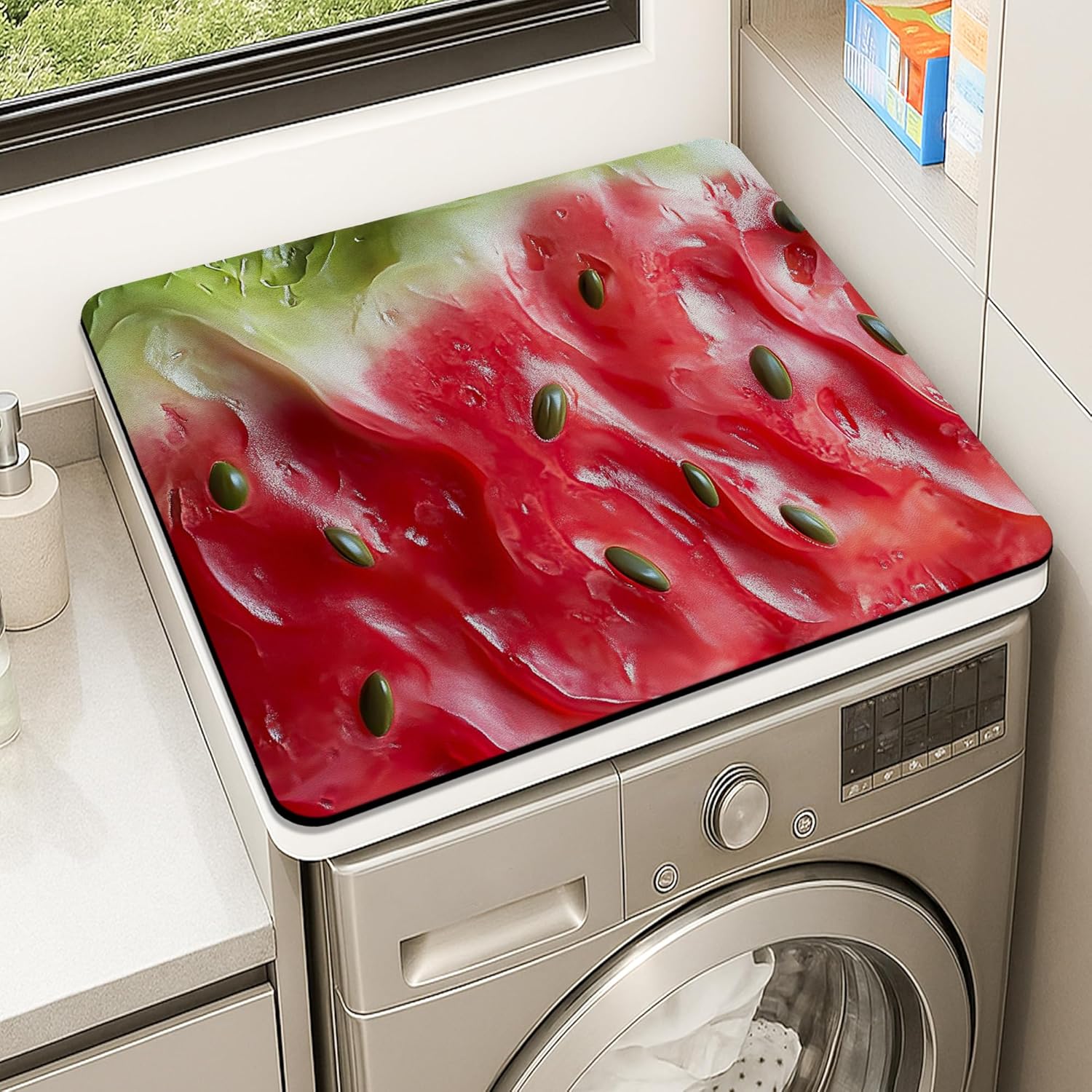 Watermelon Washer Dryer Top Protector Mat, Summer Refreshing Fruit Laundry Machine Dust Cover, Colorful Rubber Anti-slip Waterproof Washer And Dryer Mats for Laundry Room 24x24 Inch