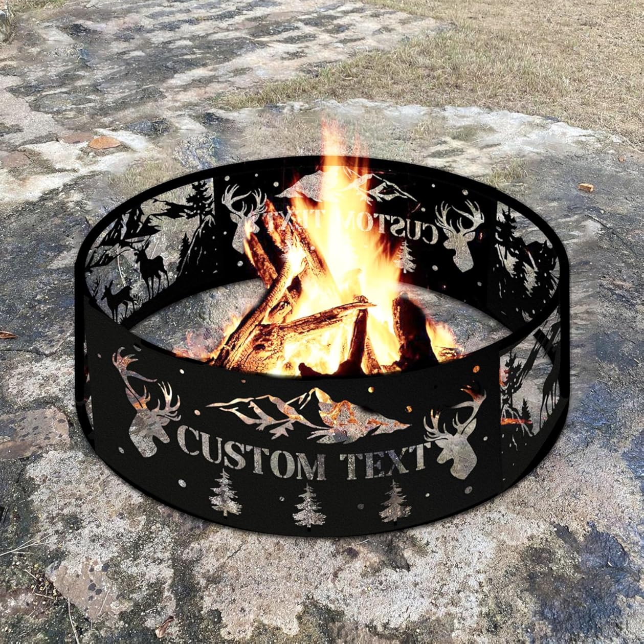 Personalized Fire Pit Ring 360 Degree, Outdoor Fireplace, Custom Text Fire Pits for Outside, Patio Firepit, Camping Bonfire Firepits, Garden BBQ Backyard Decor (Deer)
