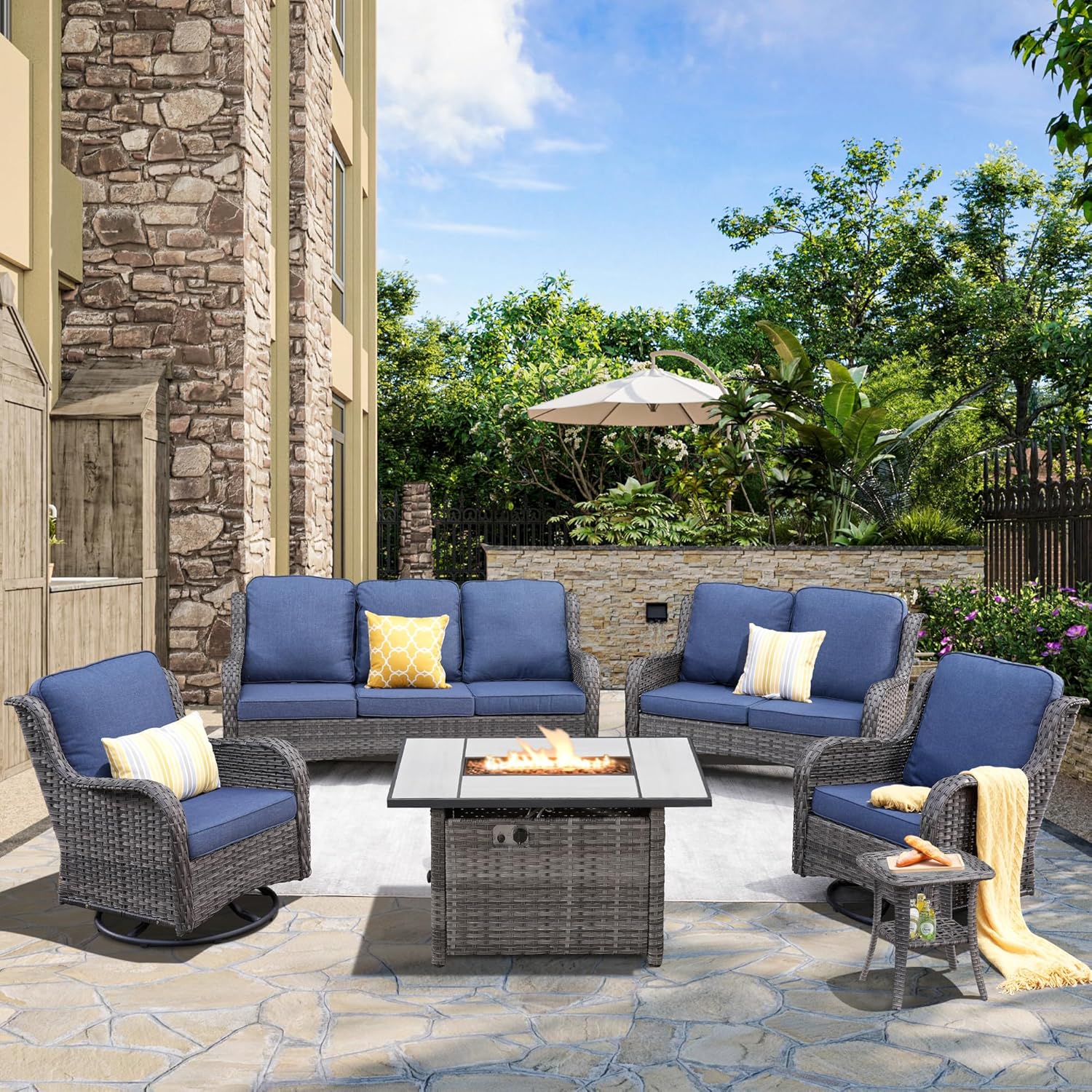 HOOOWOOO Patio Outdoor Furniture with Fire Pit Table,High Back 6 Piece Wicker Patio Conversation Set with Swivel Chairs,7 Person Couch Sofa Seating,Denim Blue