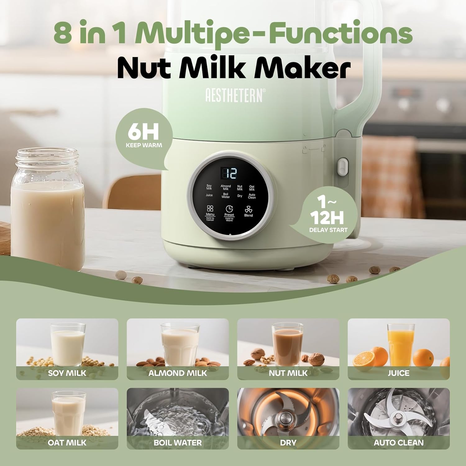Nut Milk Maker Machine, Soy Milk & Oat Milk Maker with 8 Presets, High-Speed Blender, Auto-Clean, Delay Start, 33oz Almond Milk Maker for Plant-Based & Dairy-Free Beverages, Green