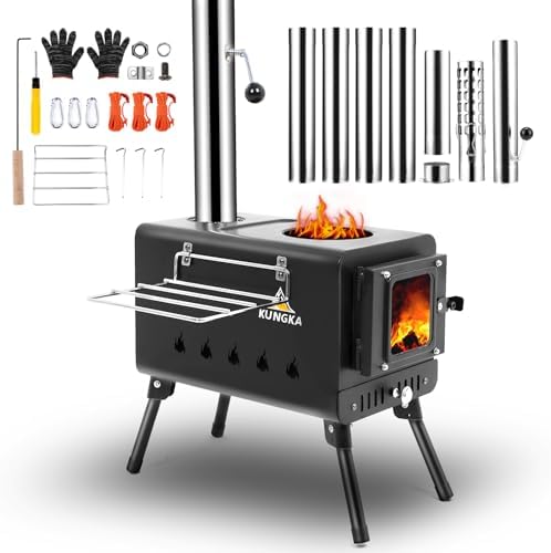 Black Wood Burning Tent Stove, 7 Section Stainless Steel Chimney, Portable Hot Tent Stove for Camping, Hunting, Ice Fishing