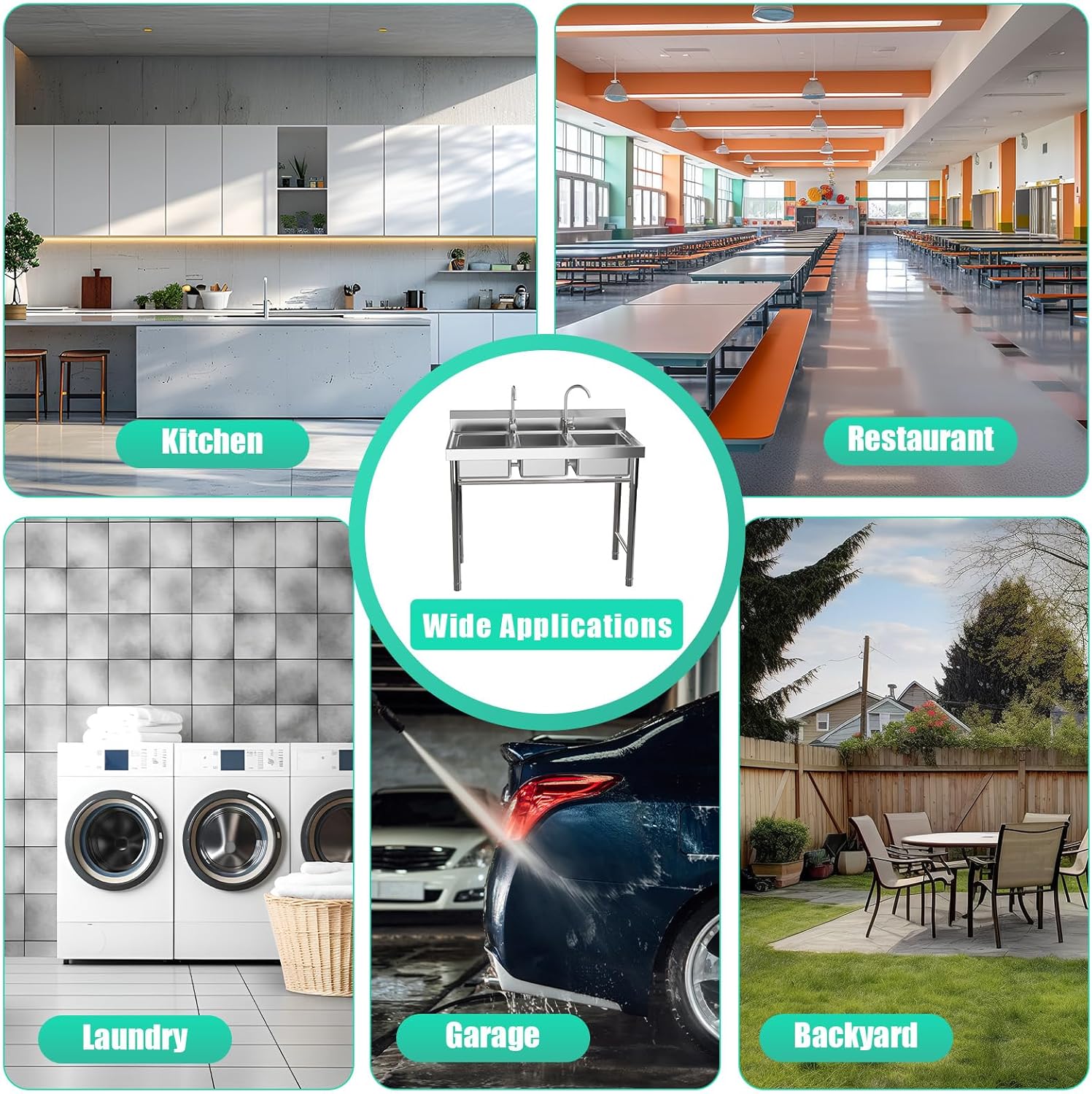 Double Utility Sink, (47.2x17.7x31.9in) Stainless Steel Table with Sink with Water Faucet and Drainage Pipes, Outdoor Sink Kitchen Appliances for Laundry Room Garage Dorm