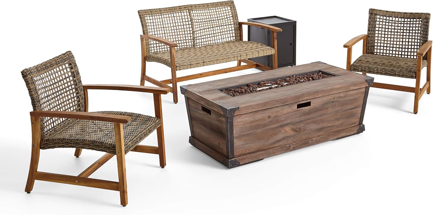 Great Deal Furniture GDFStudio Outdoor 3 Piece Wood and Wicker Chat Set with Fire Pit, Natural with Gray and Brown