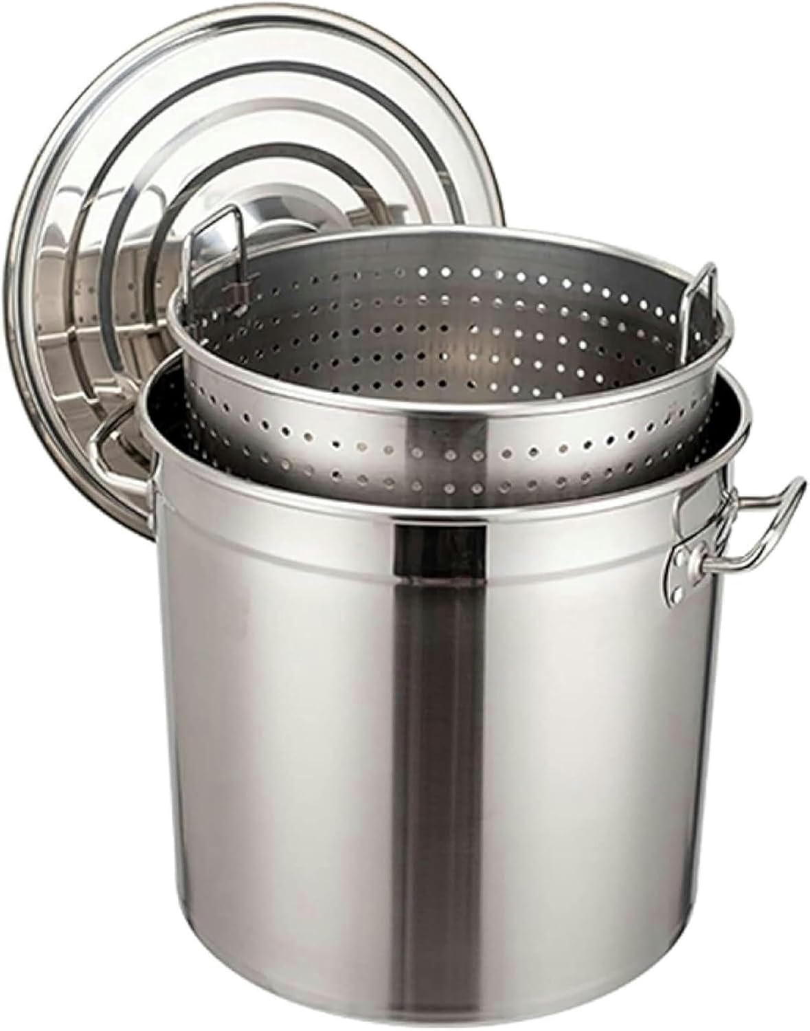 Large Stainless Steel Crawfish Seafood Boil Pot with Drain Basket & Strainer - 27QT/45QT/63QT Turkey Fryer Pot for Crab, Lobster, Shrimp Boil (Siliver 70L)