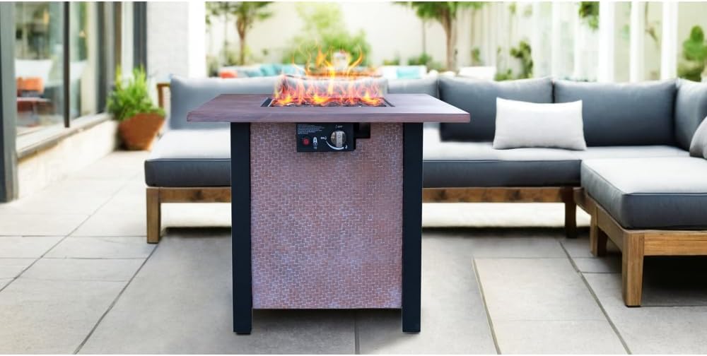 Outdoor Patio Propane Gas Fire Pit Table - 50,000 BTU High-Temperature-Resistant Carving Process for Environmentally Friendly Materials with The Effect of Rattan Weaving Grain