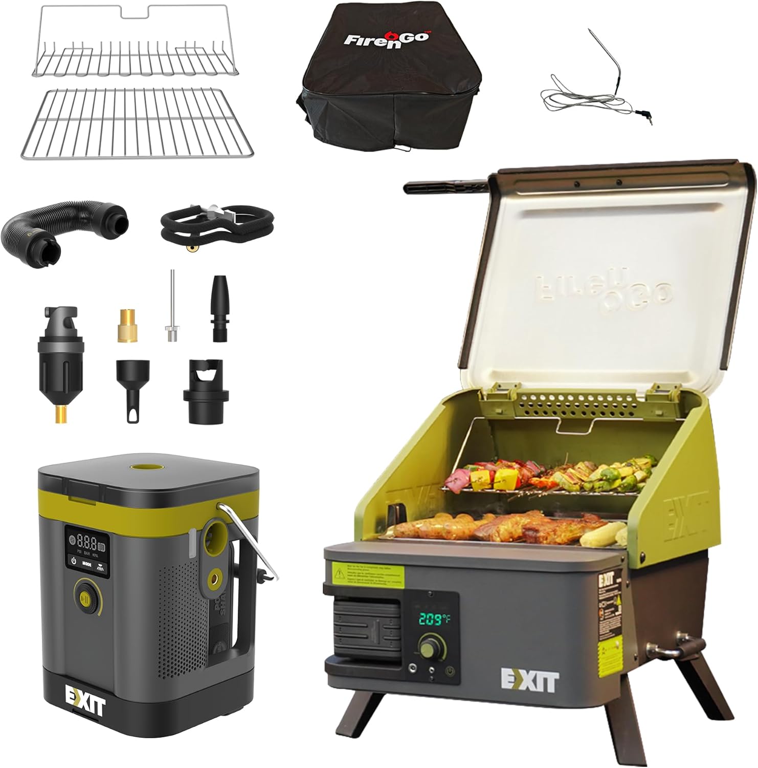 EXIT Fire'n'Go Portable Grill Smoker & EXIT Tire Inflator Portable Air Compressor with Power Share Freedom Battery