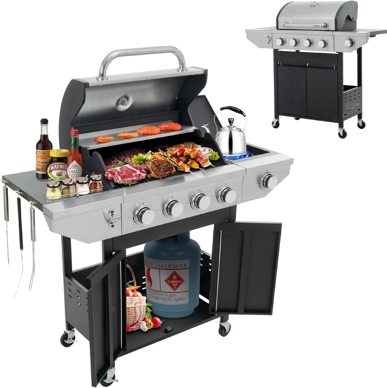 46,500 BTU 4-Burner Propane Gas Grill with Side Burner & Thermometer, Stainless Steel Outdoor BBQ Grill for Patio Garden Cooking, Black/Silver