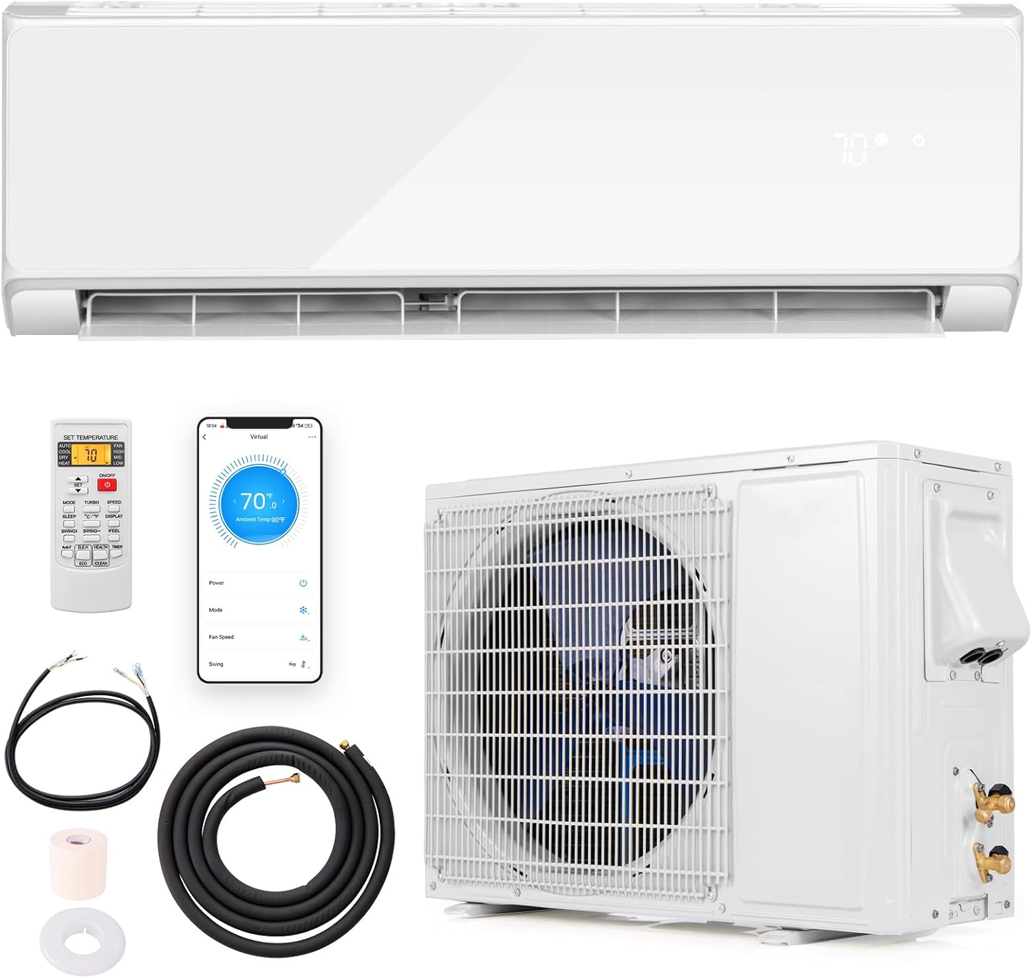 GLACER 12000 BTU Mini Split Air Conditioner & Heater, 22 SEER2 Inverter AC Unit Cools Up to 750 Sq. Ft, Wall-mounted Tubeless Split-System with Mounting Kit (White, 12000BTU, 208-230V, 22 SEER2-WIFI)