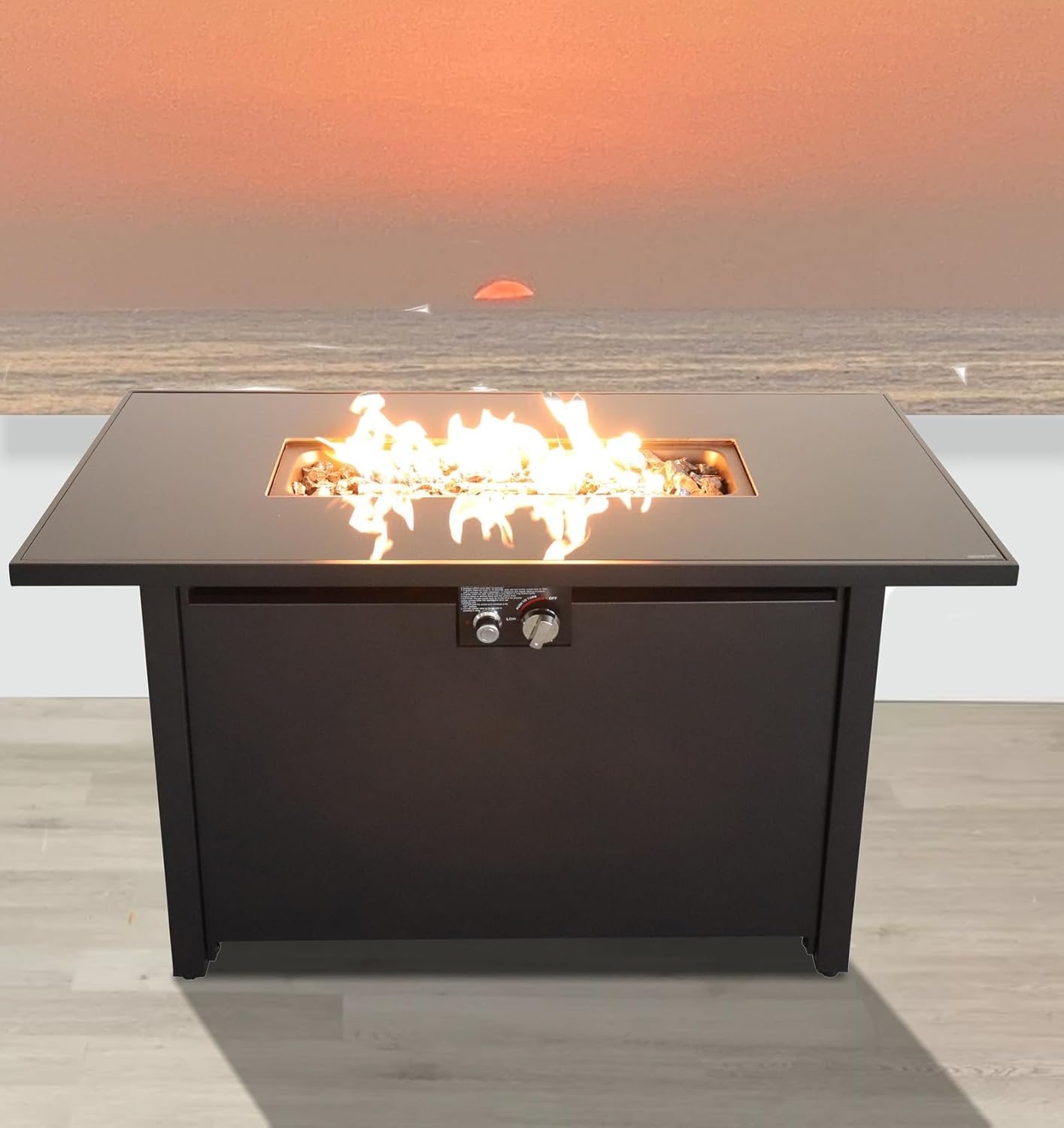 Penau 43 Inch Smoked Glass Metal Rectangle Fire Pit - 50,000 BTU, Hidden Propane Compartment, Push-Button Ignition, Black, Outdoor Heating