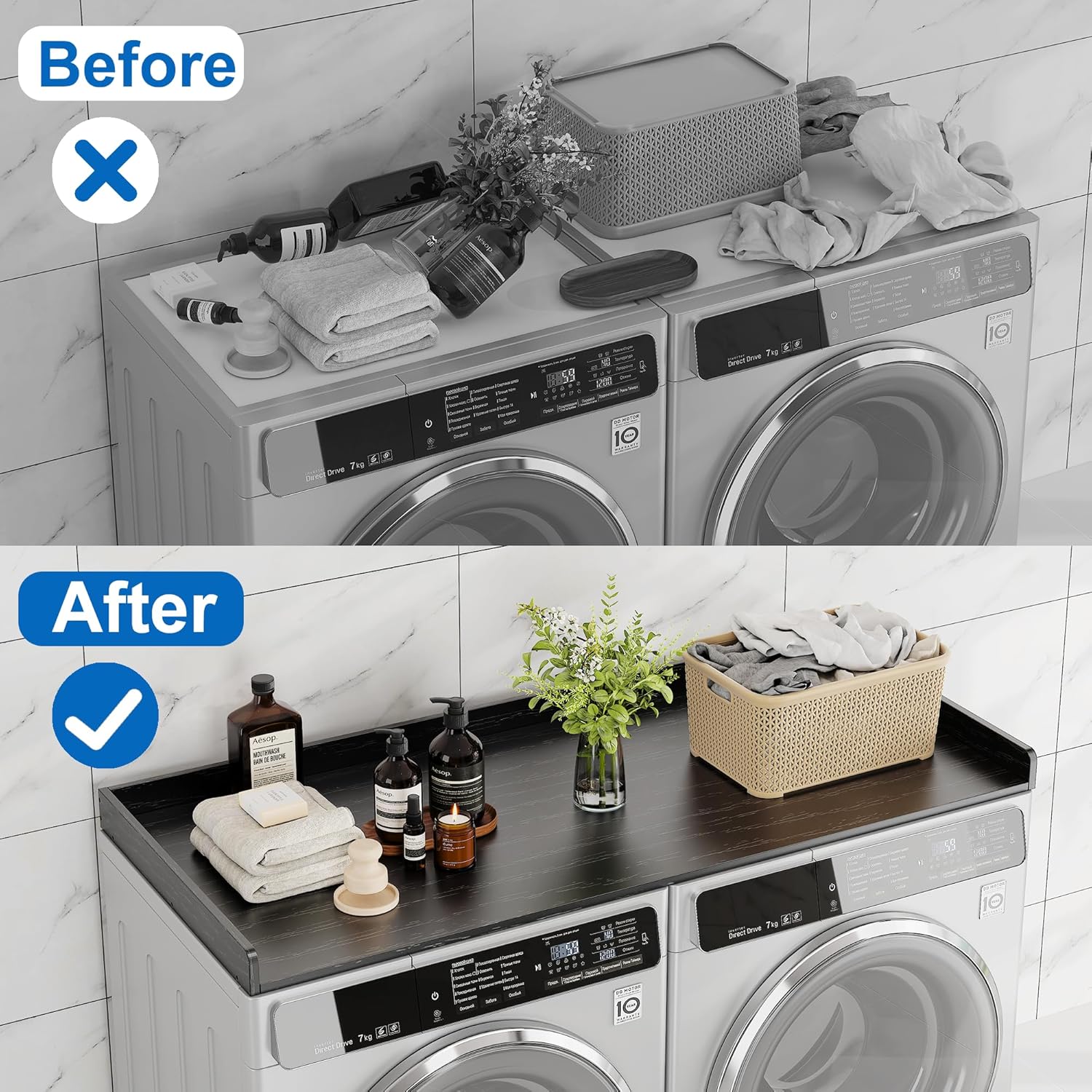 efluky Washer Dryer Countertop, Wood Countertop with Edge Rails for Laundry Room Organization and Storage, Washer Dryer Topper for Laundry Room, 27.5