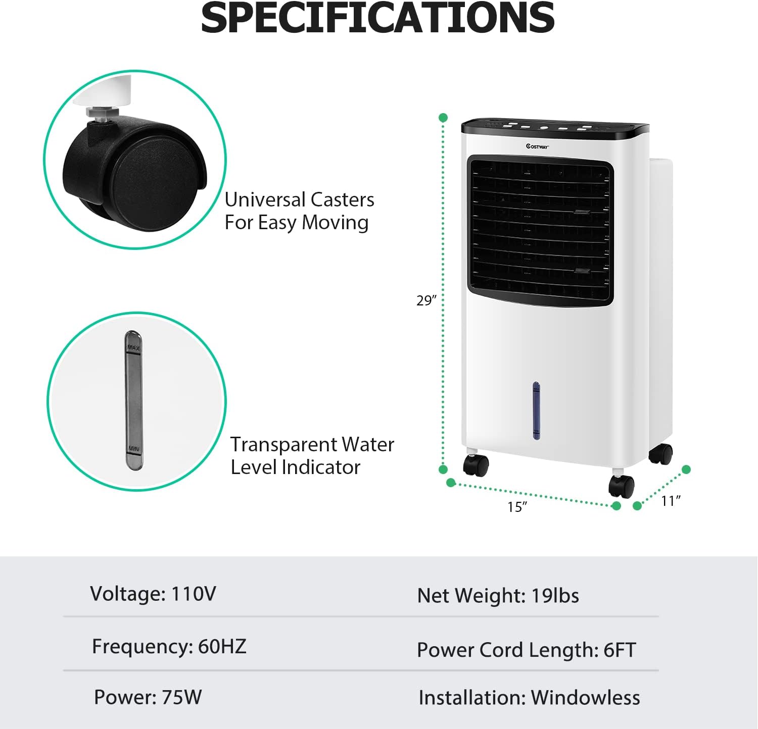 Air Cooler Fan, 3-IN-1 Portable Air Conditioner, Fan and Humidifier with Ice Box, 7.5H Timer, Ultra-quiet, 70° Oscillating, Swamp Cooler for Home, Office, Garages, Warehouses and Commercial