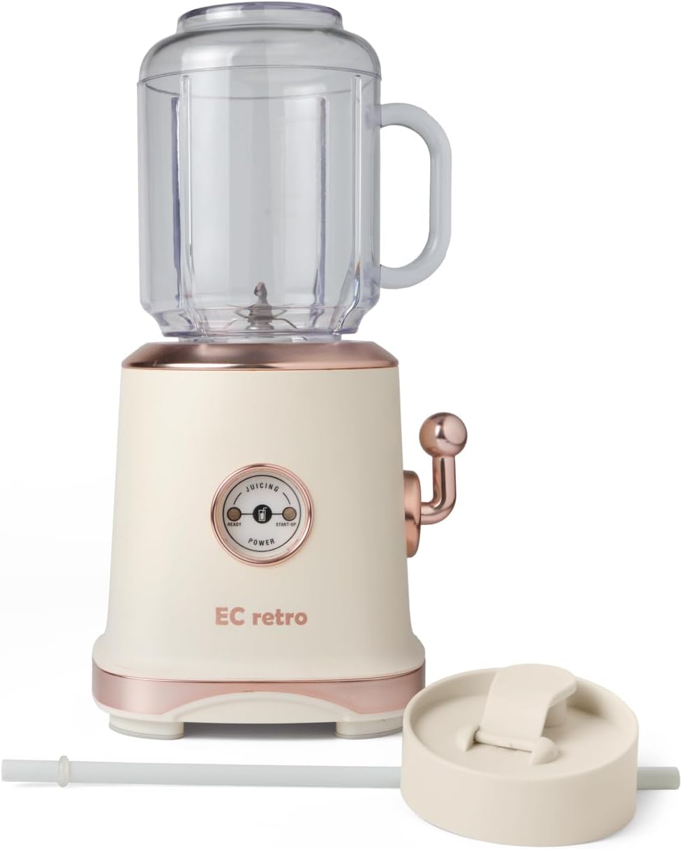 ECretro Retro Smoothie Blenders Countertop Juicer Maker with 20oz BPA Free Travel Cup and Lid, 300W 2-Speed for Shakes and Ice Crush (Beige Light Yellow)