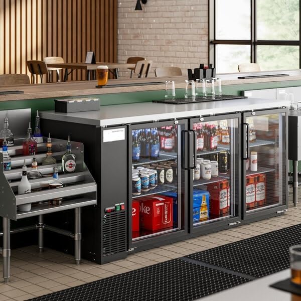 78-Inch Black Commercial Back Bar Refrigerator, 3 Glass Doors, LED Lighting, Counter Height, Stainless Steel Top, 25.8 Cu. Ft Storage for Beverages and Kegs
