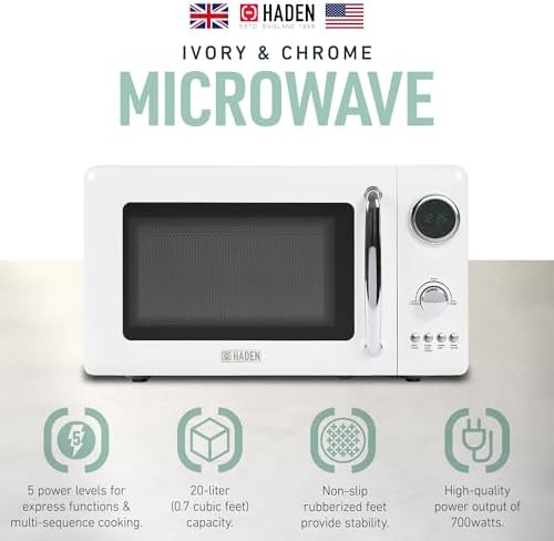 Haden 700 Watt 0.7 Cubic Foot Microwave Oven with Digital Controls, Defrost, and Instant Start Countertop Small Appliance, Ivory/Chrome
