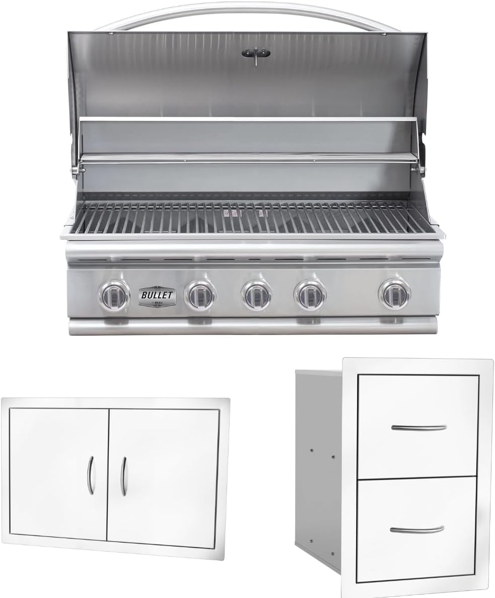 Bullet by Bull Stainless Steel Outdoor Kitchen Grill Set - Built-In Natural Gas Grill -BBQ Kitchen Island Bundle - Includes 5 Burner Grill, Double Access Door & Double Storage Drawer