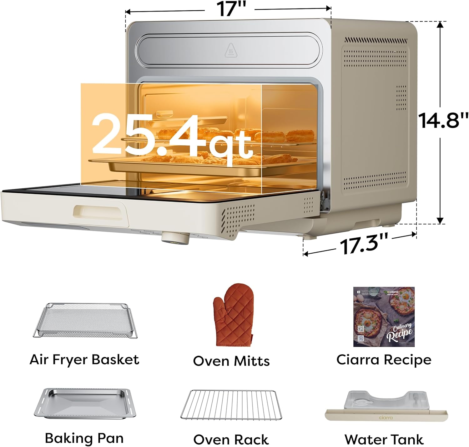 CIARRA 12-in-1 Countertop Steam Oven with Air Fryer, 25.4QT Steam Air Fryer Combo Nosh Oven Pro - Convection Toaster, Bake, Self-Clean, Dehydrate, Ferment, White