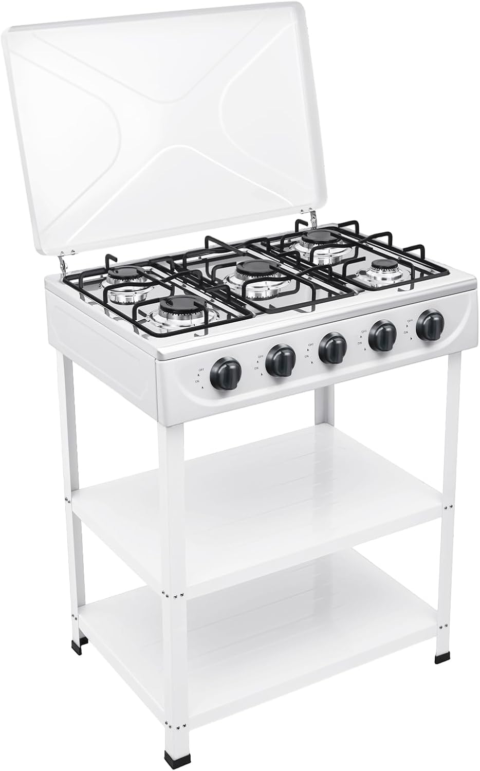 Propane Stove with 5 Burners Portable 2 Tier Storage Rack and Wind Blocking Cover Manual Ignition for Camping Picnic RV Cooking Outdoor Natural Grill (White)
