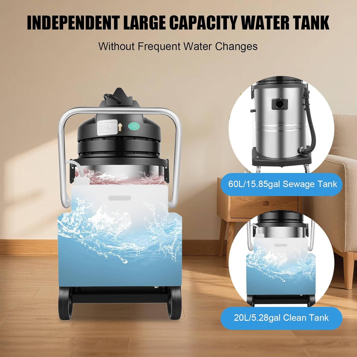 Commercial Carpet Cleaner Machine, 60L/15.85Gal Stainless Steel Spraying&Suction Upholstery Cleaning Machine with 6 Suction Heads for Area Rugs Couch Curtain Car Detailing Deep Cleaning(No Steam)