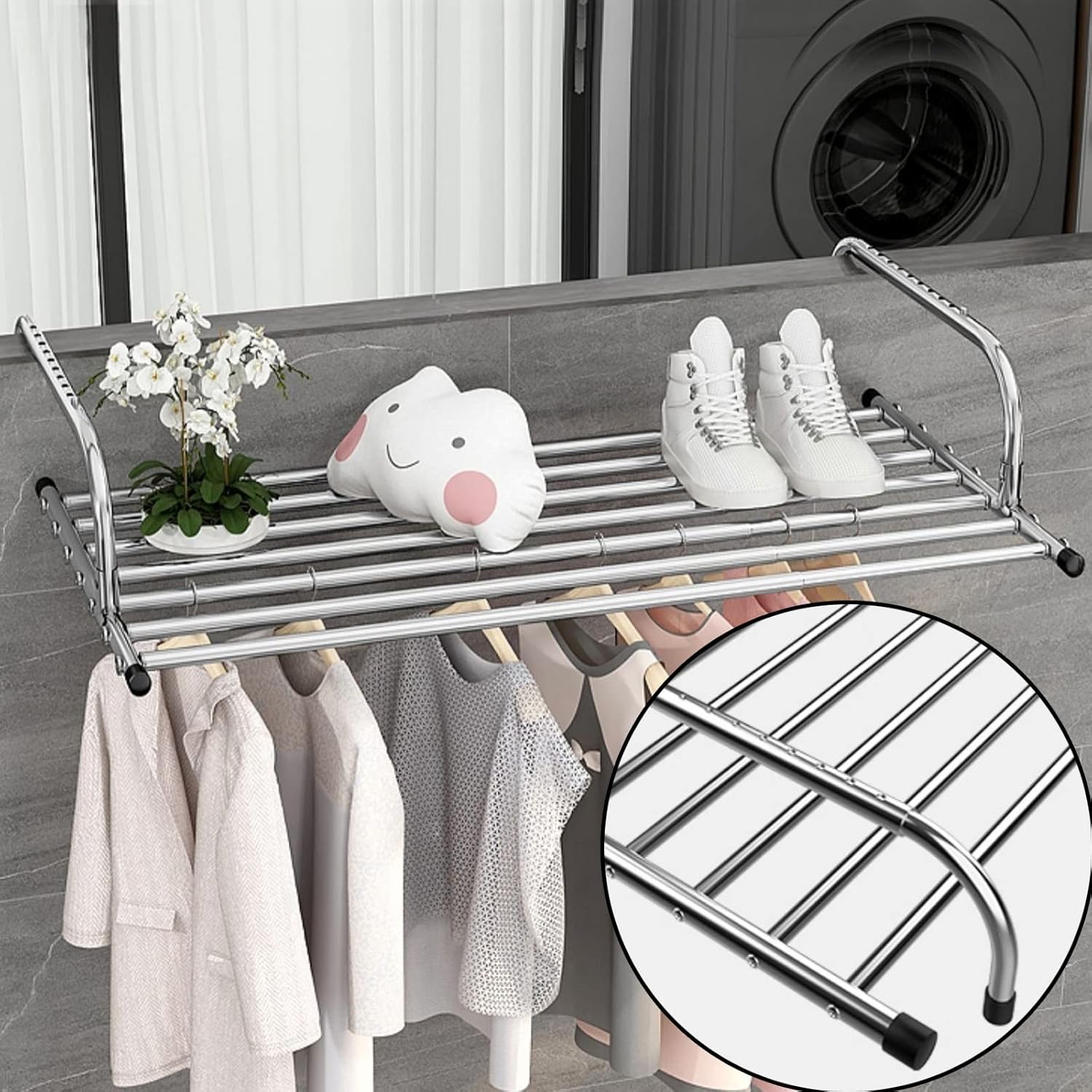 Clothes Airer Indoor Radiator Clothes Dryer Extendable Balcony Radiator Drying Rack Stainless Steel Radiator Folding Airer Foldable Laundry Drying Rail for Hanging Clothe(Silver-61)