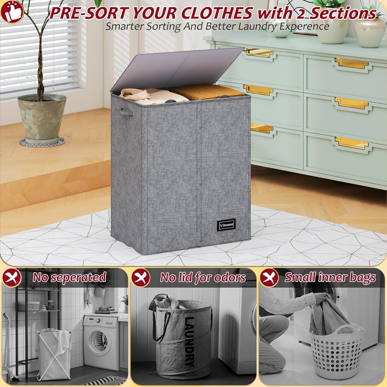 150L Laundry Hamper 2 Section, Large Laundry Hamper with Lid, Dirty Clothes Hamper with 2 Removable Inner Bags, Collapsible Laundry Basket Organizer for for Clothes Toys Towels, Hamper 2 Compartment