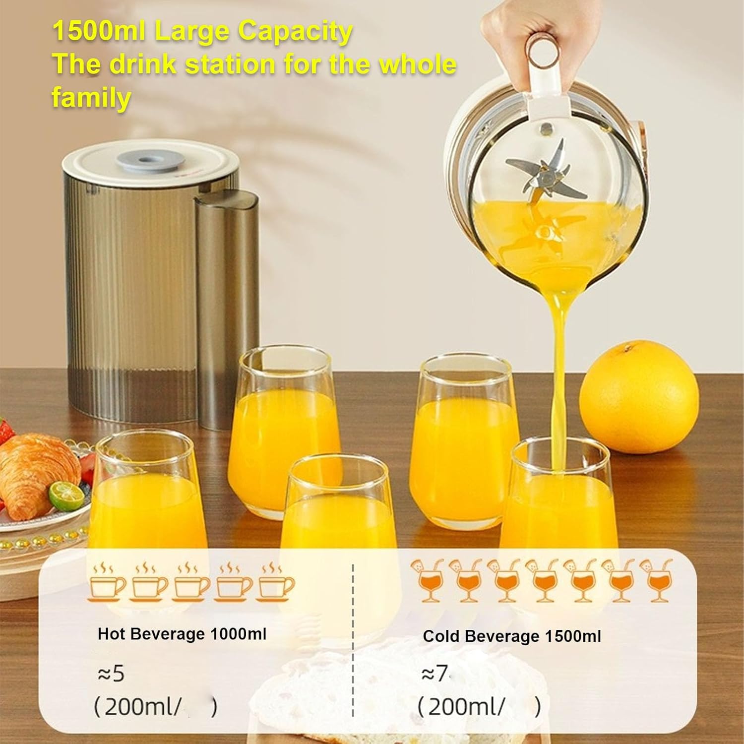 Electric Juicer, 1500ML Quiet Versatile Blender with 8 Preset Programs Heat Preservation Function Round Screen, Suitable for Smoothie Soy Milk Hot Soup, Beige