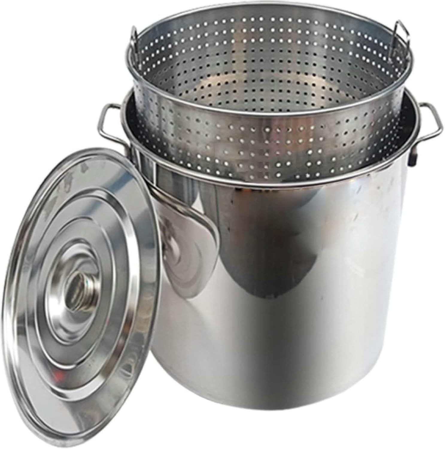 Heavy Duty Stainless Steel Stock Pot 27QT/45QT/63QT - Commercial Turkey Deep Fryer & Crawfish Seafood Boil Pot with Strainer for Home & Outdoor Cooking, Silver 70L/63QT