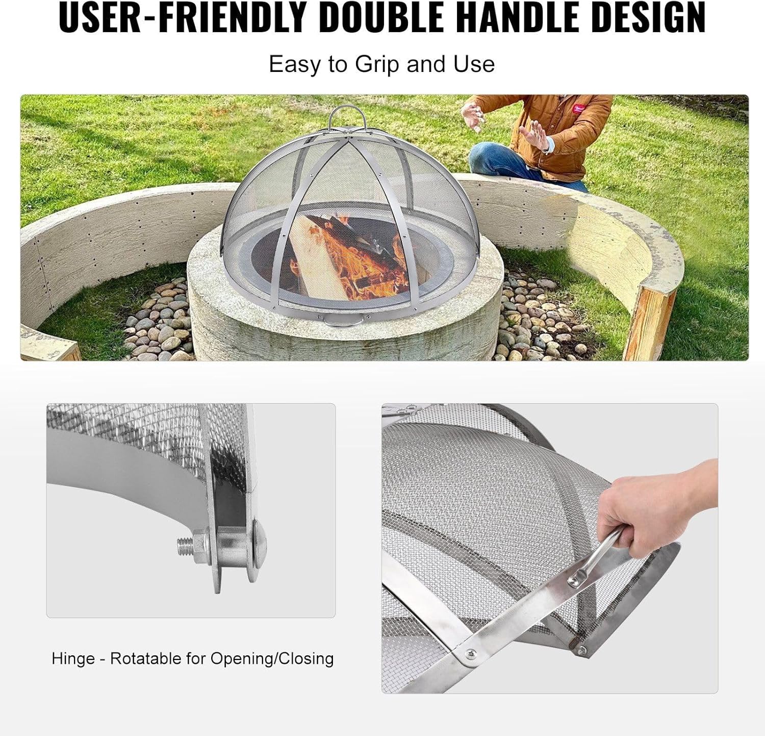 30-Inch Fire Pit Spark Screen Lid,Stainless Steel Firepit Cover with Tight Mesh and Dual Handles,Round Outdoor Fire Pit Accessories for Patio,Backyard Fireplace