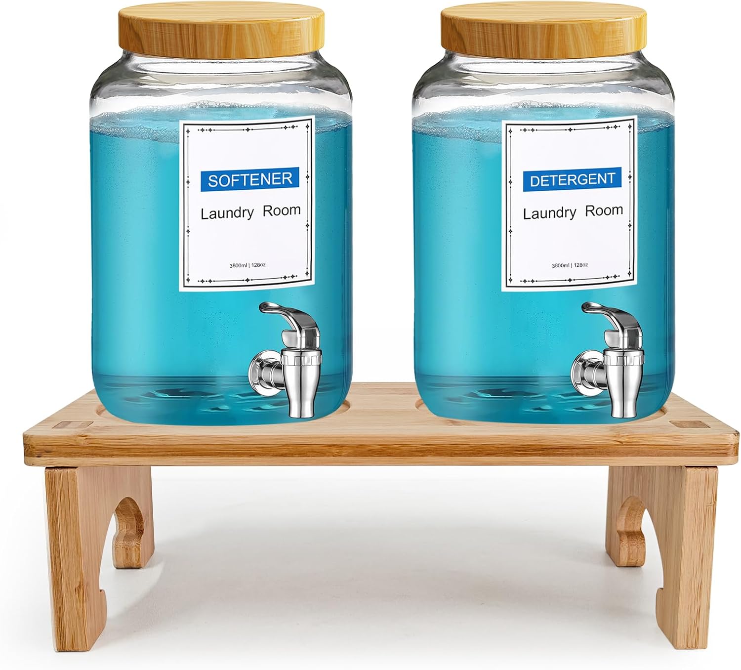 Laundry Detergent Dispenser,with Bamboo Stand 2 Sets 1 Gallon Glass Liquid Laundry Detergent Dispenser,for Bleach, Fabric Softener,Laundry Soap Dispenser,for Laundry Room Organization and Storage