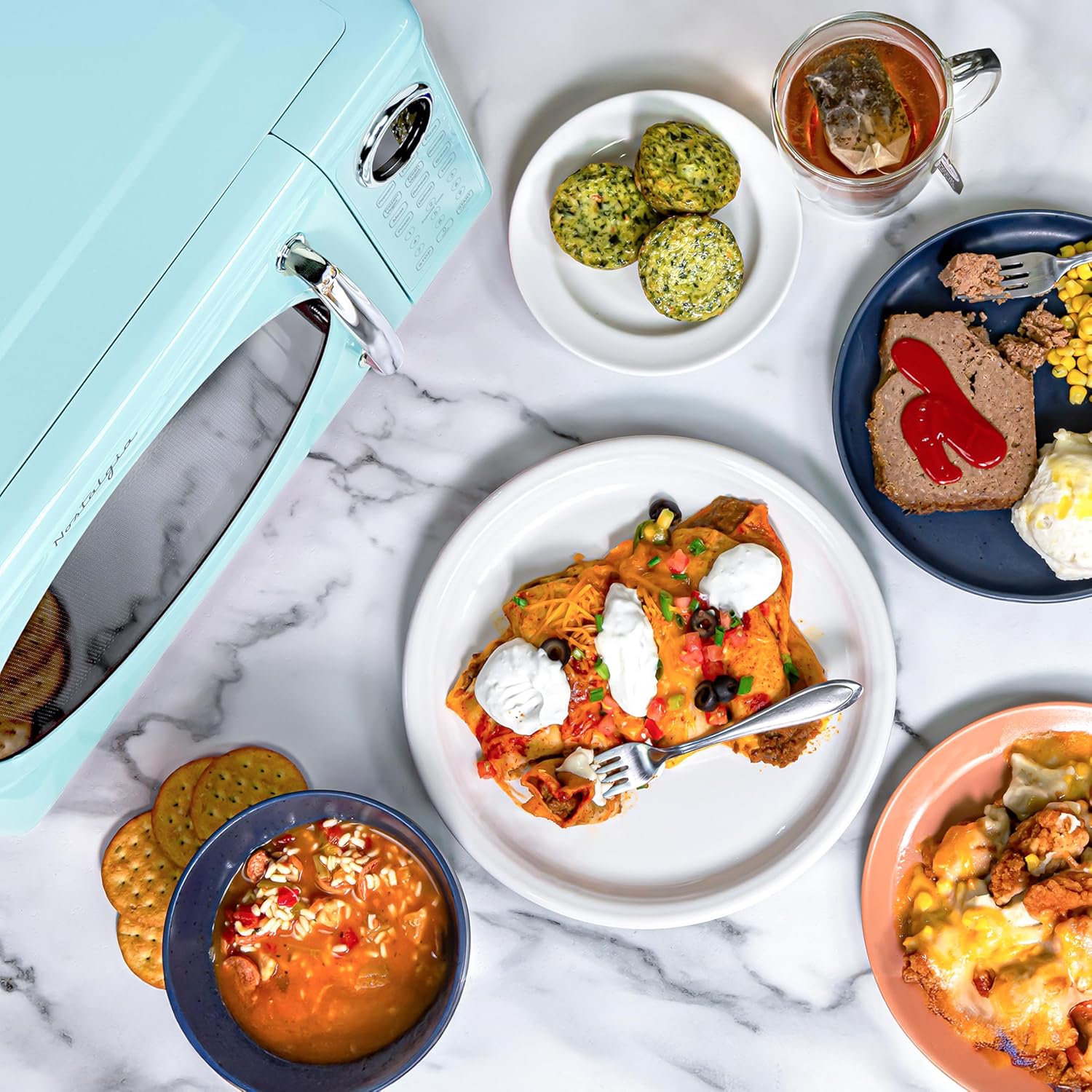 Nostalgia Retro Microwave Oven - 0.7 Cu Ft, 700-Watt Countertop Size with Glass Turntable, Child Safety Lock, 8 Auto-Cook Programs, Digital Clock - Aqua