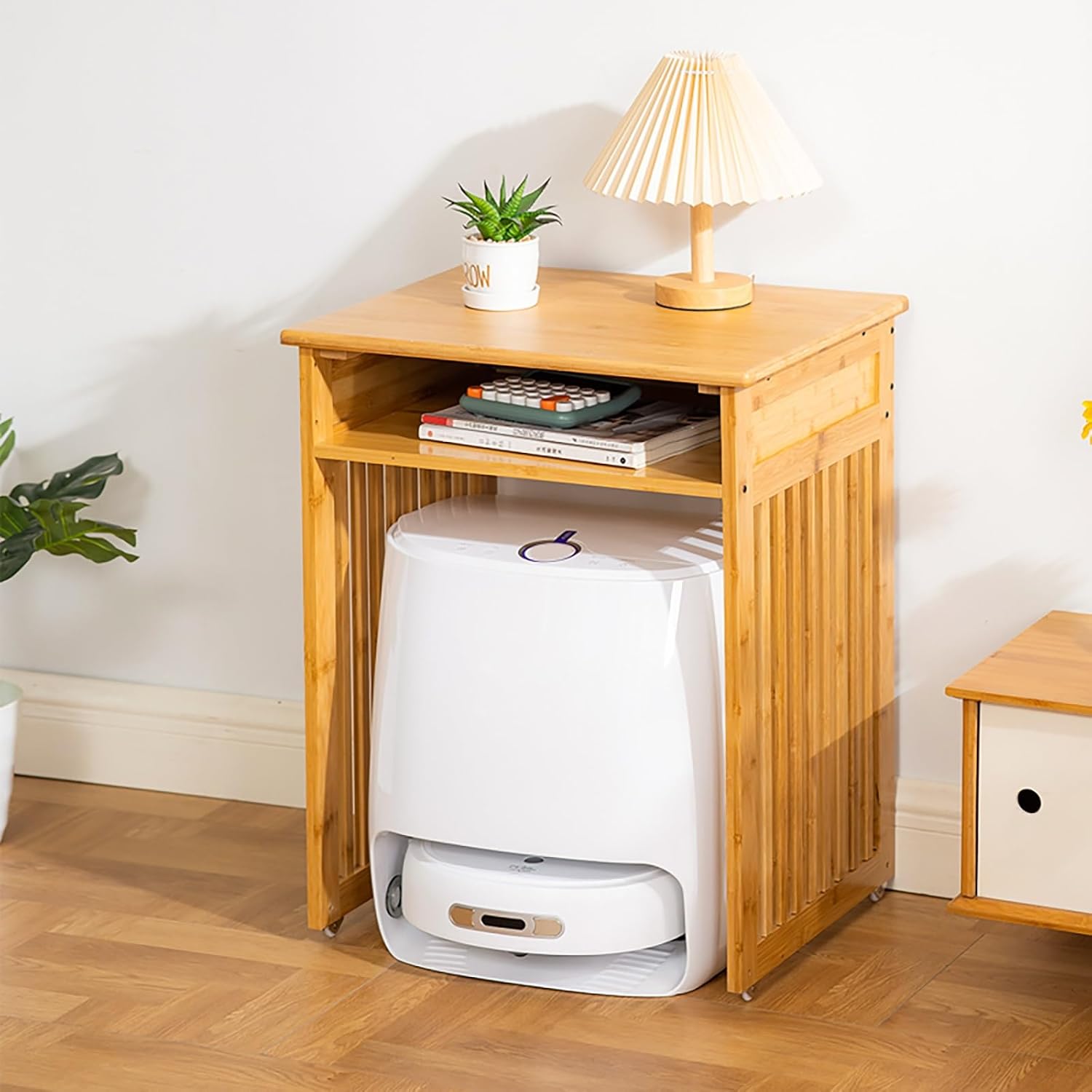 Mobile Robot Vacuum Storage Cabinet Side Table, Vacuum Hidden Open Storage Shelves Modern Side Table Storage Cabinet Compatible for Living Room Bedroom(Yellow,75cm/29.5in)