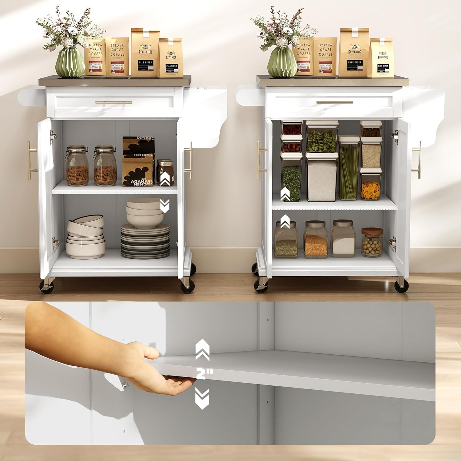 HOMCOM Kitchen Island on Wheels, Rolling Kitchen Cart with Stainless Steel Countertop, Drawer, Towel Rack and Spice Rack, Utility Storage Trolley, White