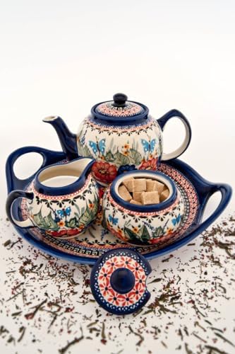 Blue Rose Polish Pottery - Red Floral Butterfly Medium Teapot - 4 Cup Capacity - Hand-Painted Polish Pottery Ceramic Coffee & Tea Server