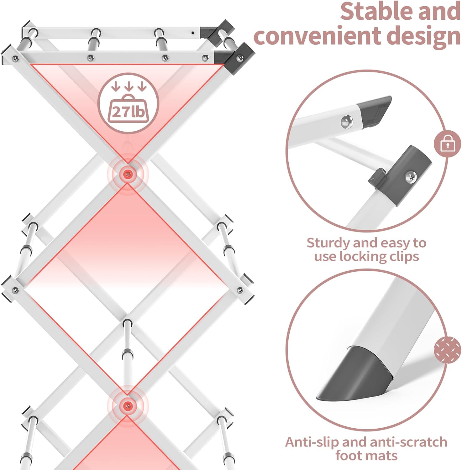 APEXCHASER Clothes Drying Rack Folding - 3 Tier Laundry Drying Rack for Clothes, Expandable Metal Clothing Dryer, Collapsible Towel Rack, Air Drying Rack, White