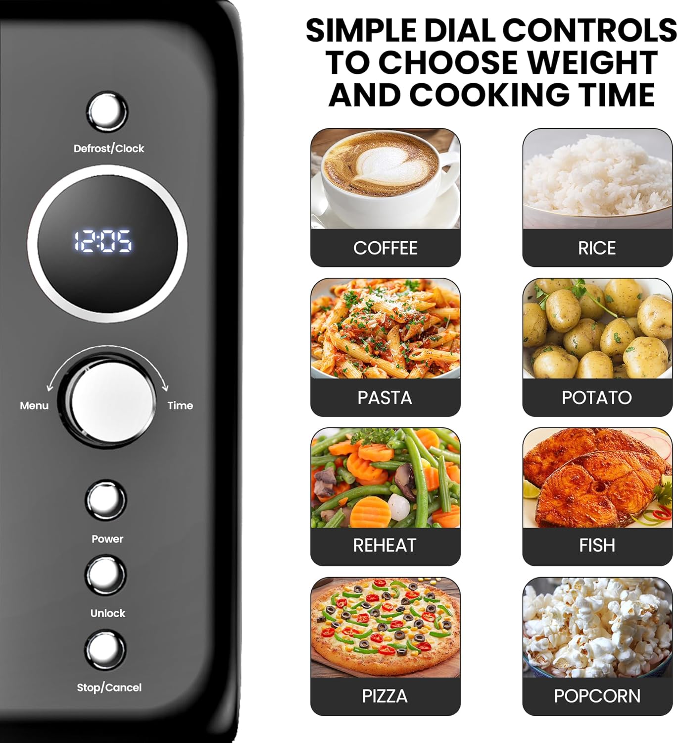 Total Chef Retro Microwave Oven | 20L / 0.7 Cu Ft | Quick Start & Defrost By Weight/Time | 8 Pre-set Cooking Modes For Coffee, Rice, Pasta, Potato, Reheat, Fish, Pizza, Popcorn | 700W | Black