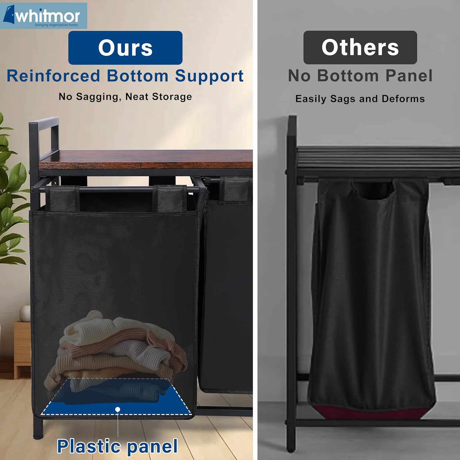 Whitmor Laundry Sorter, 92L Laundry Hamper with Shelf & 2 Removable Bags, 2 x 12.1 Gallons (46L), 28.8 x 13 x 28.4 Inches, Dirty Clothes Hamper Organizer for Laundry Room, Bathroom, Dorm, Black