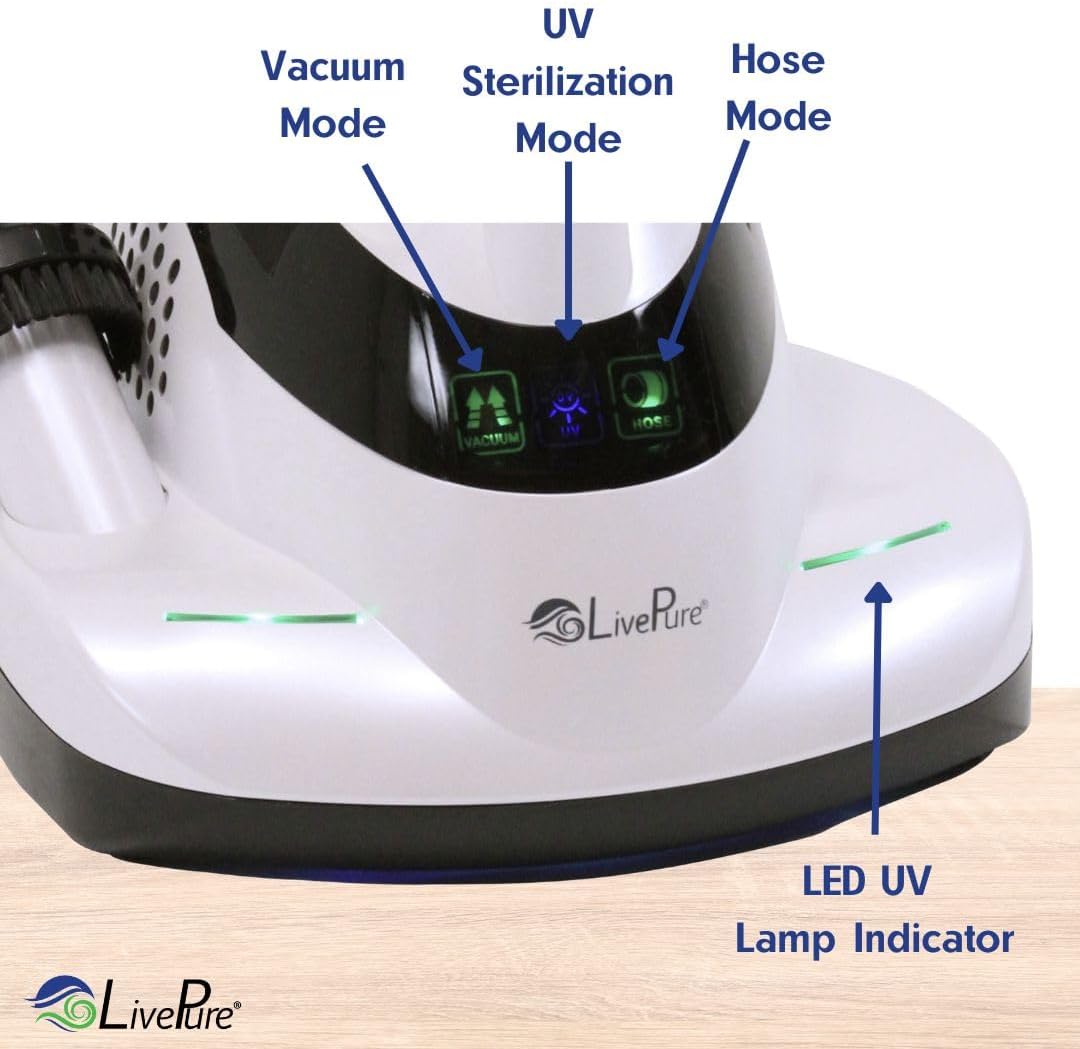 LivePure - Ultramite Handheld HEPA Filter Vacuum & Fabric Sanitizer - Dual Motor Brush, UVC Light, And Anti- Allergen Filter To Remove Dust Mites, Bacteria, Viruses