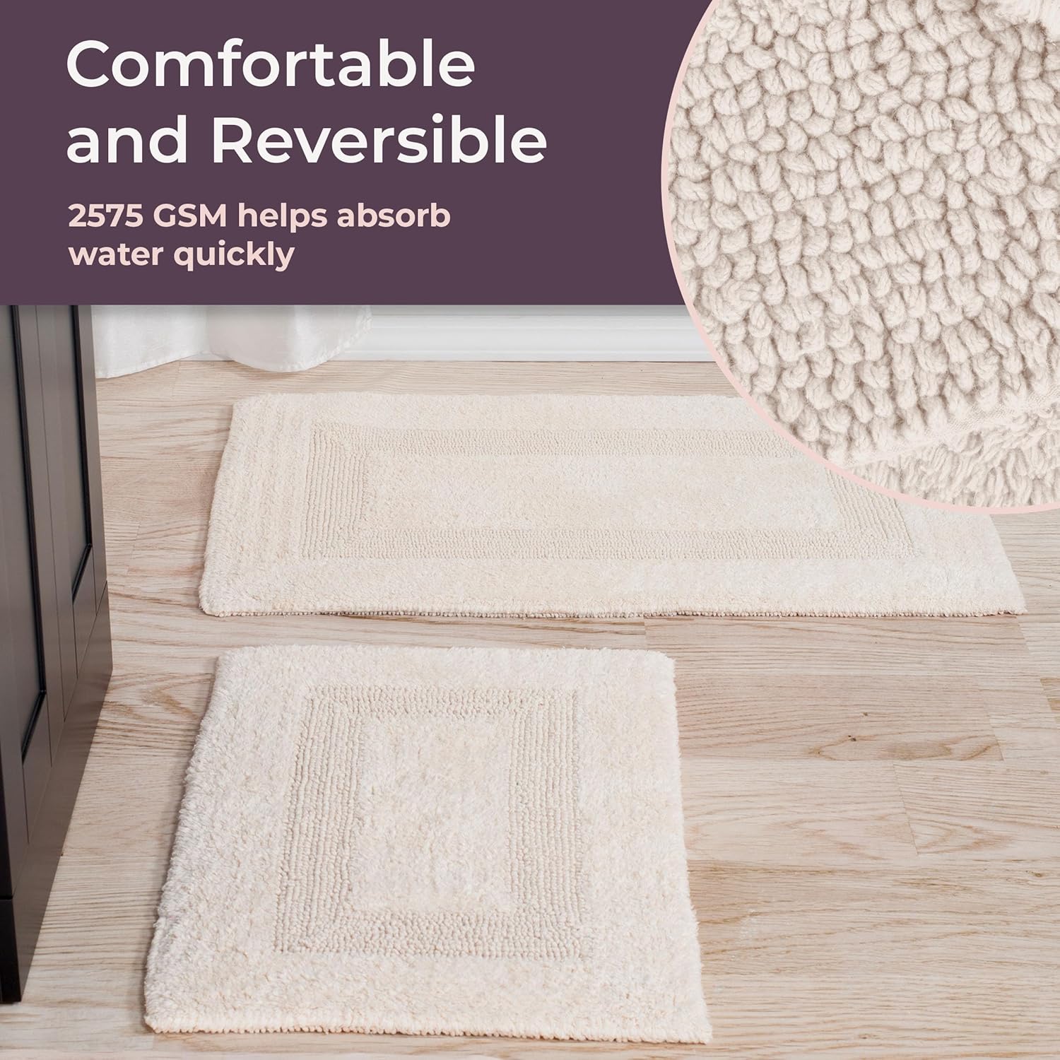 Bathroom Rugs - 2-Piece Cotton Bathroom Mat Set - Machine Washable Bath Mats for Washroom, Kitchen, or Laundry Room by Lavish Home (Ivory)