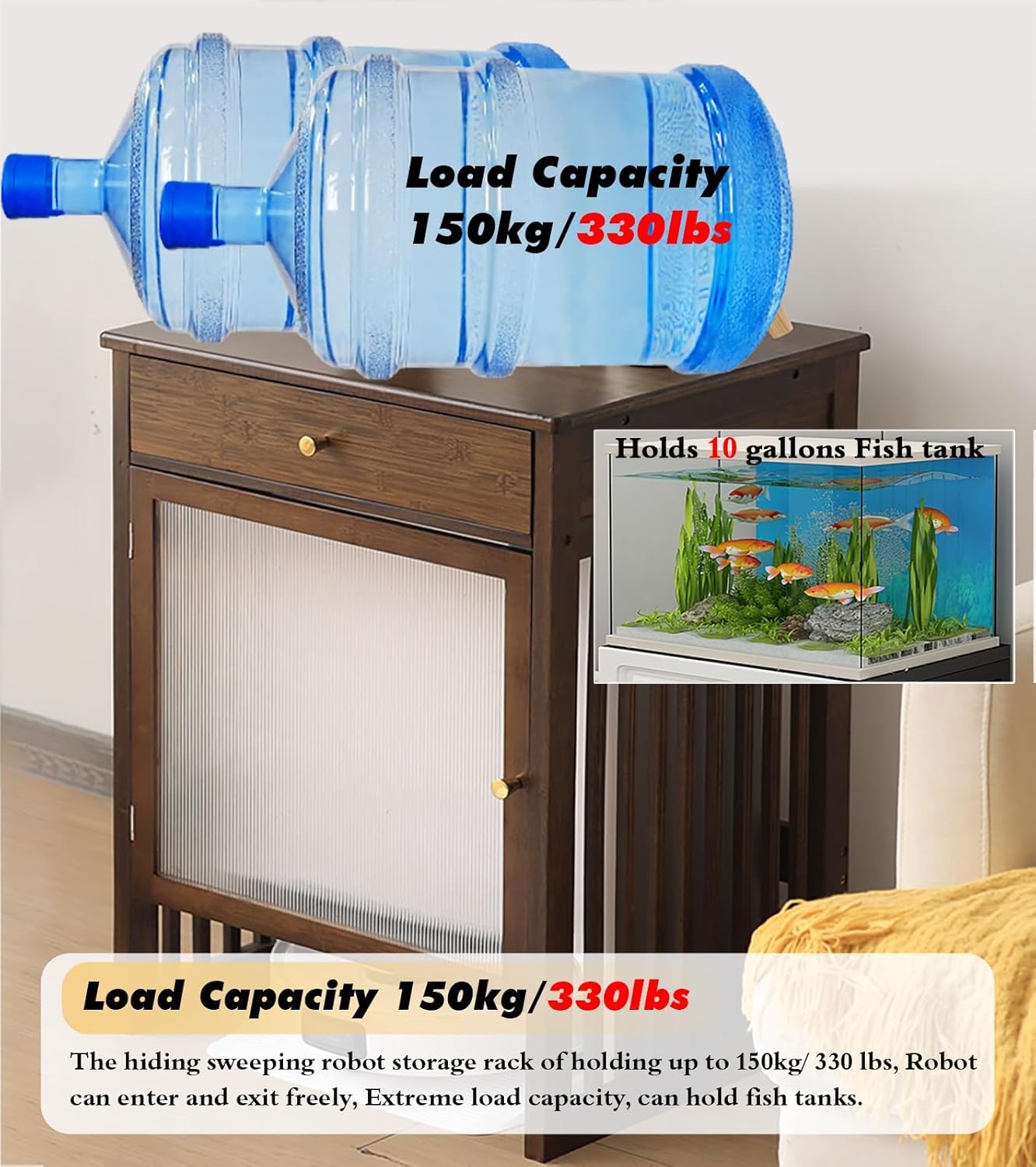 Modern Hiding Robot Vacuum Cabinet with Doors, Sweeping Robot Storage Rack for 10 Gal Fish Tank/Printer, Heavy Duty Waterproof Bedroom Bedside Table - Small Spaces(Natural,55.5x46x73.5 (21.8x18.1x29i