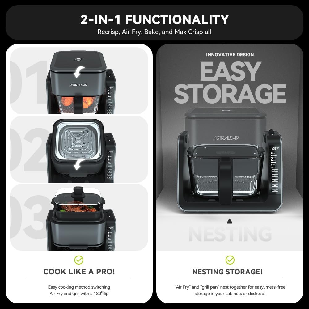 Astralship Glass Air Fryer, 2-in-1 Flip Airfryer & Grill Combo, Non-Toxic Teflon Free (No Plastic Smell), 360° Visible Cooking, 7 Presets, Compact for 1-2 People, 5.5QT Total Capacity, Dishwasher Safe