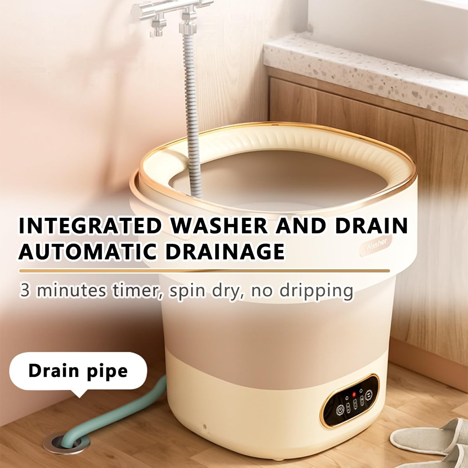 Portable mini Washing Machine with Spin Basket Foldable Compact Washer for Underwear Small Clothes Ideal for Home Apartments Dormitories Hotels Travel(Beige)